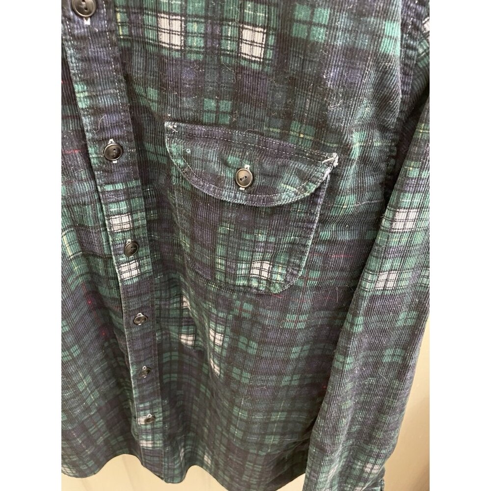 J Crew Corduroy Button Up Shirt Mens Large Blue Green Plaid Classic Pockets - Picture 5 of 11